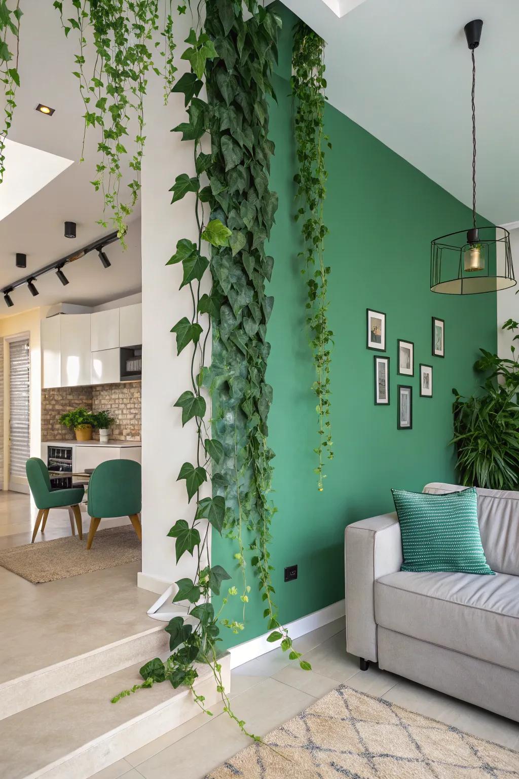 A green wall with hanging faux vines and leaves, bringing a refreshing accent to any area.