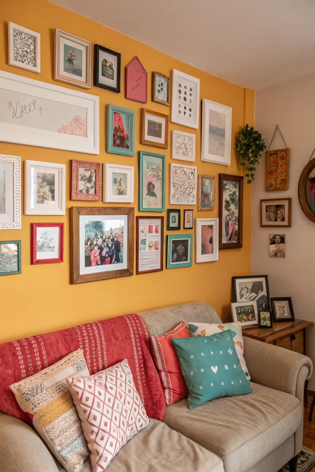 A varied compilation of frames imparts character and allure to this inviting living space.