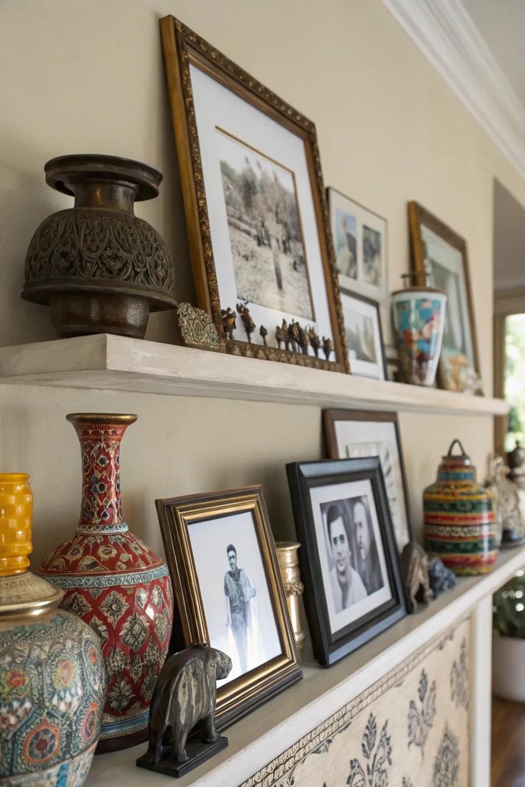 Blend art with decor pieces for a fun and energetic shelf.