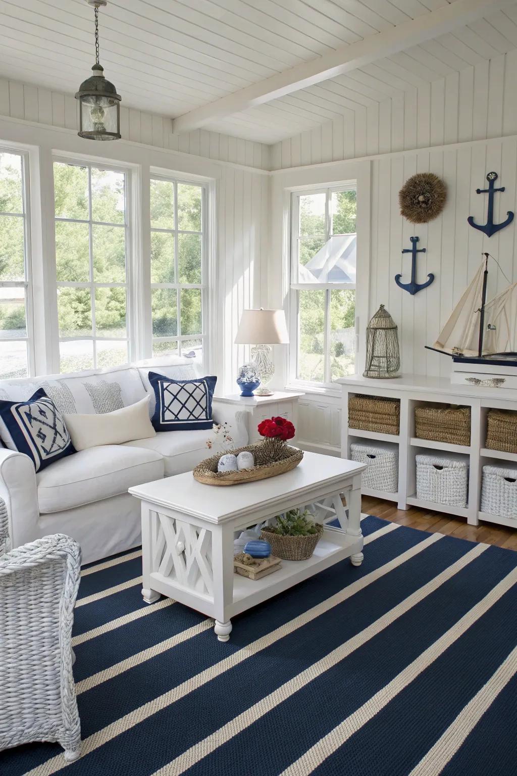 Navy stripes impart a nautical charm to this welcoming living space.