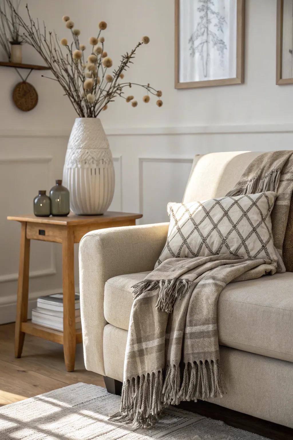 A precisely folded wrap over the armrest of a sofa, producing a structured design.