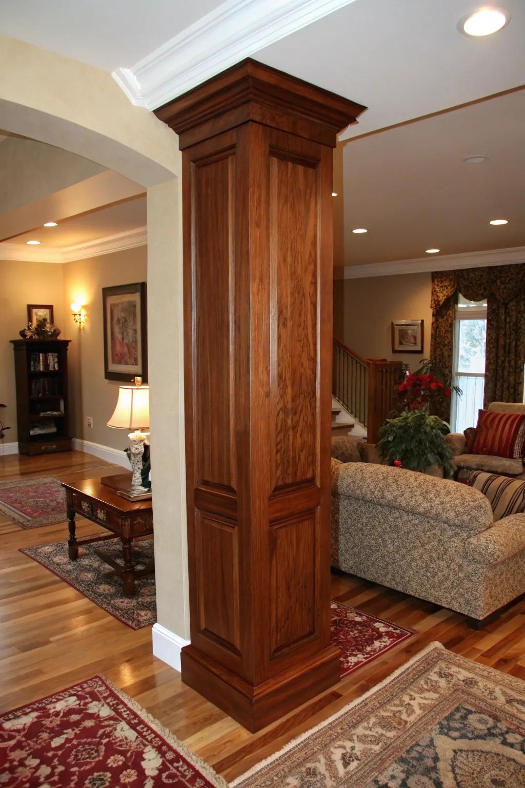 Incorporate wood cladding to give indoor pillars a warm and organic sensation.