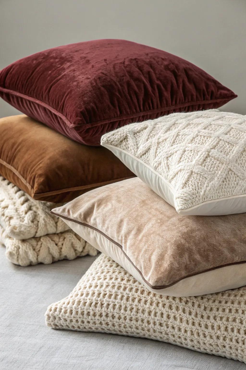 Diverse cushion textures enhancing the overall depth of the display.