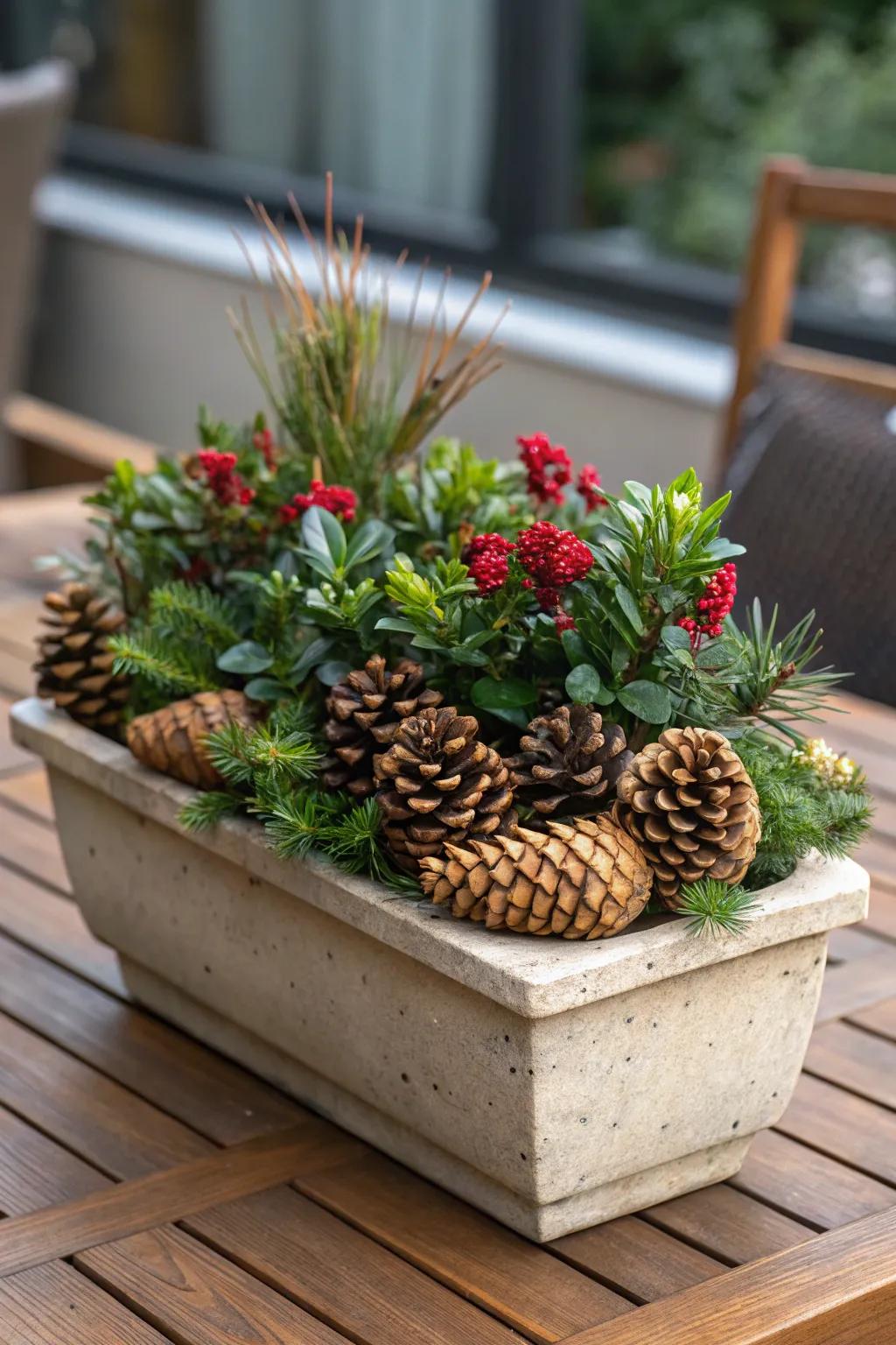 Pinecones enhancing planters with aesthetic appeal and functionality.