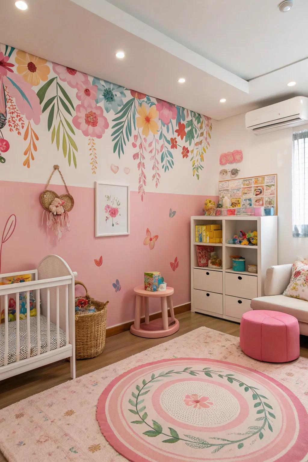 A delightful nursery featuring a blooming rose focal wall that enchants.