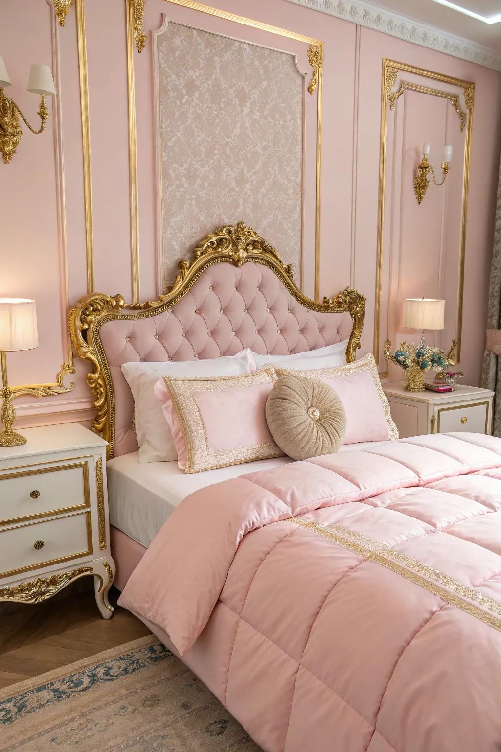 A gold-detailed headboard introduces an elegant feel to the room.