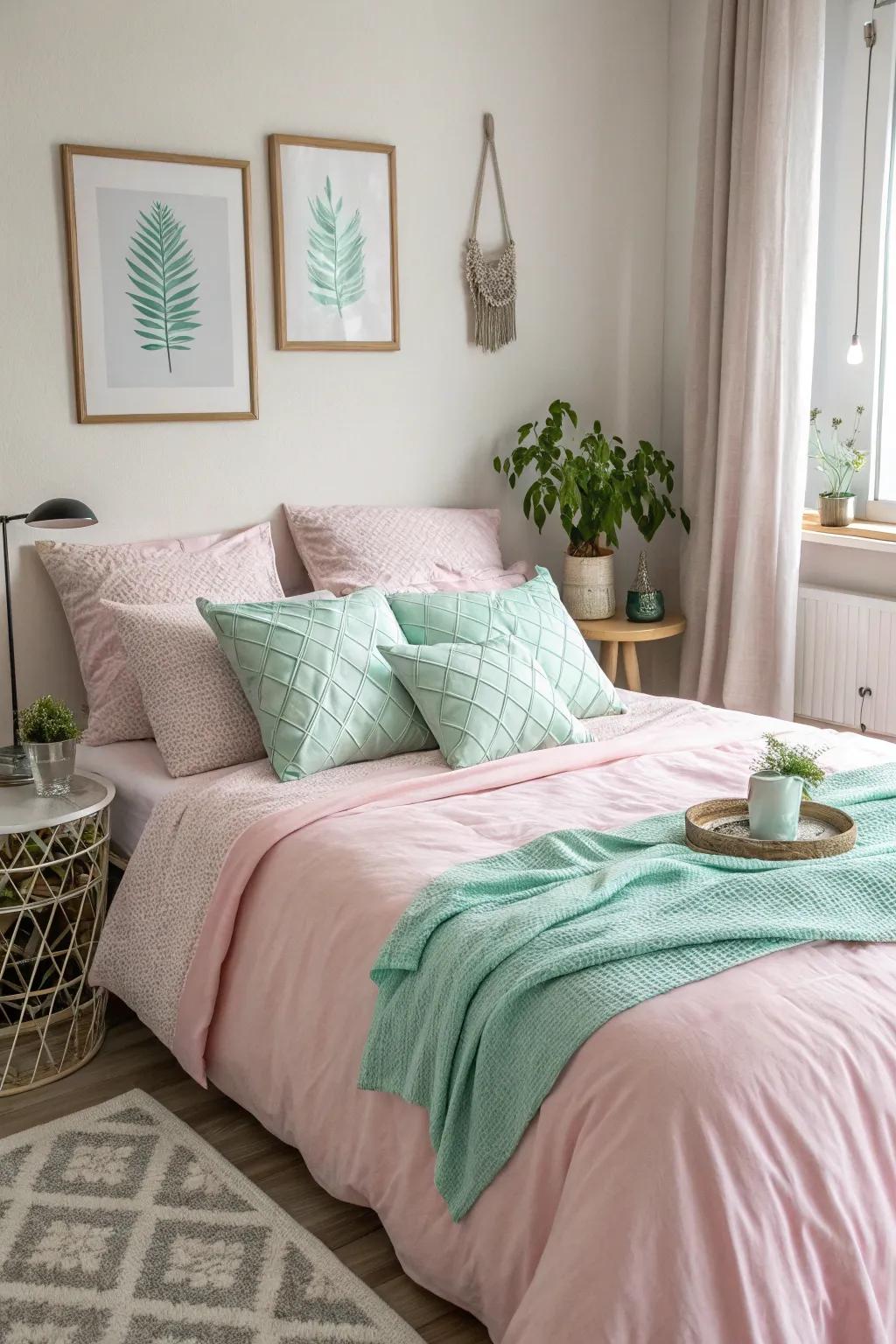 Pastel pink and green create a calming and harmonious bedroom environment.