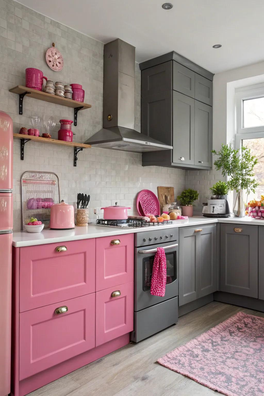 Eye-catching vibrant pink highlights in a grey kitchen.