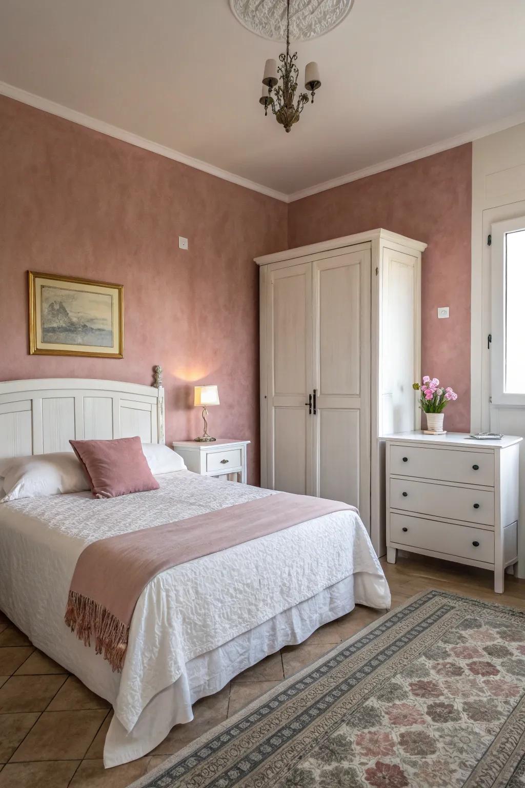 Soft pink walls paired with white furniture offer a serene escape.
