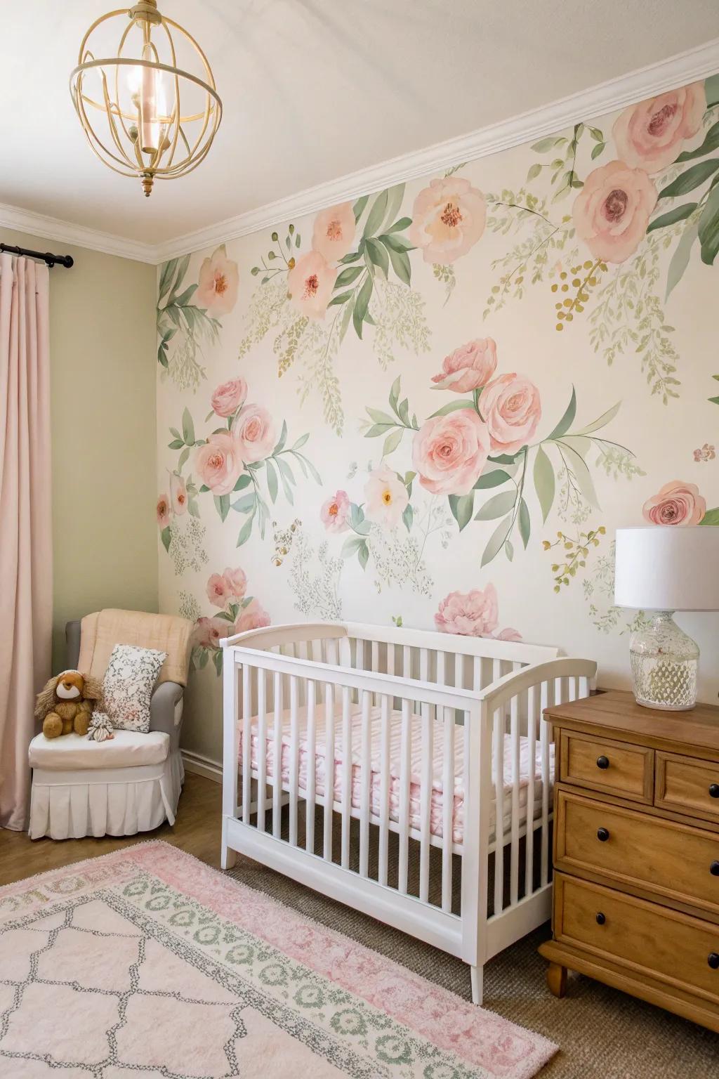 A floral accent wall adds a charming touch to the nursery decor.