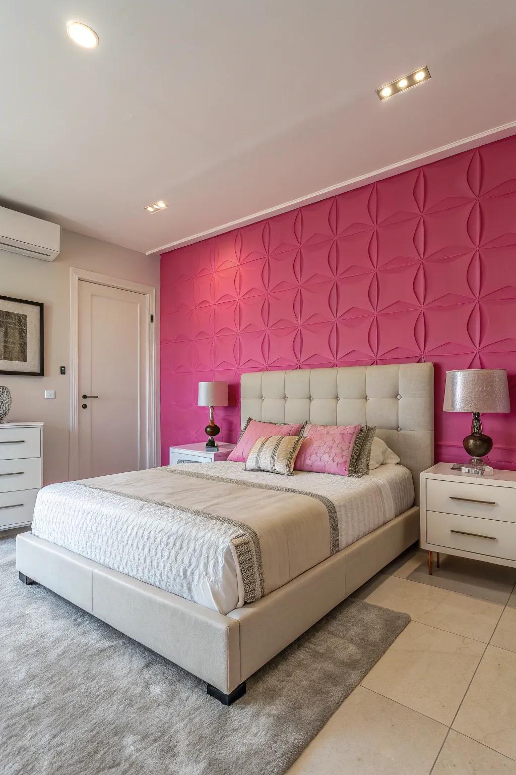 A bold pink feature wall enhances the modern vibe of this stunning bedroom.