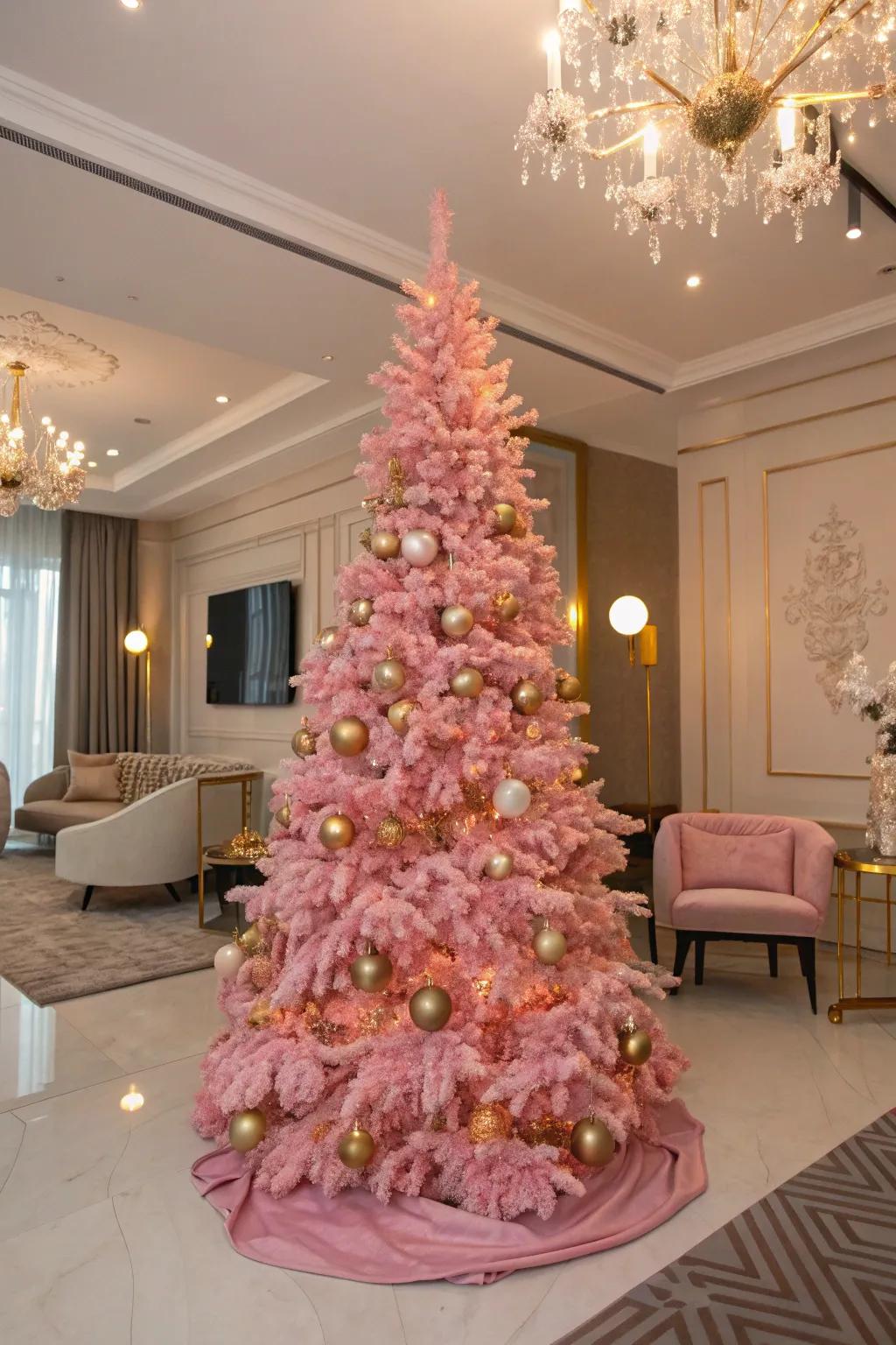 Gilded details enhance the elegance of a pink Christmas tree.