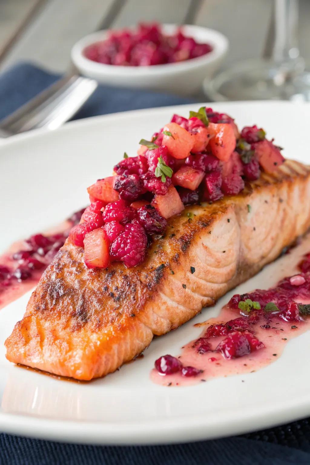 Salmon with pink berry salsa adds a gourmet touch to your dinner.