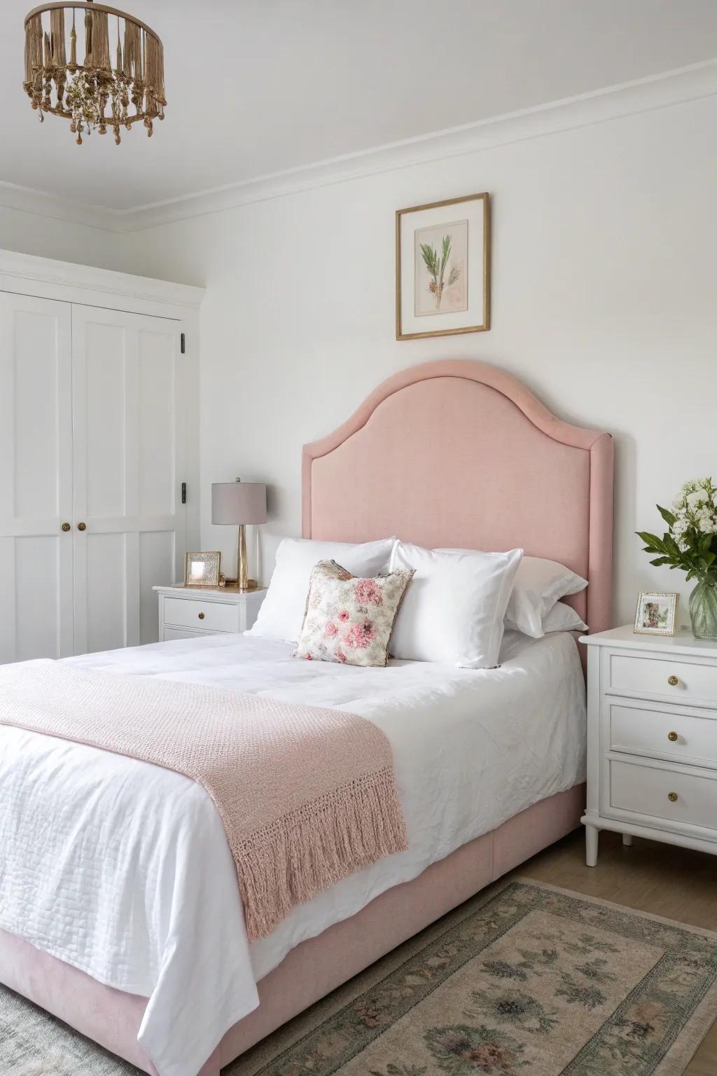 A tranquil bedroom presenting a gentle light rose panel.