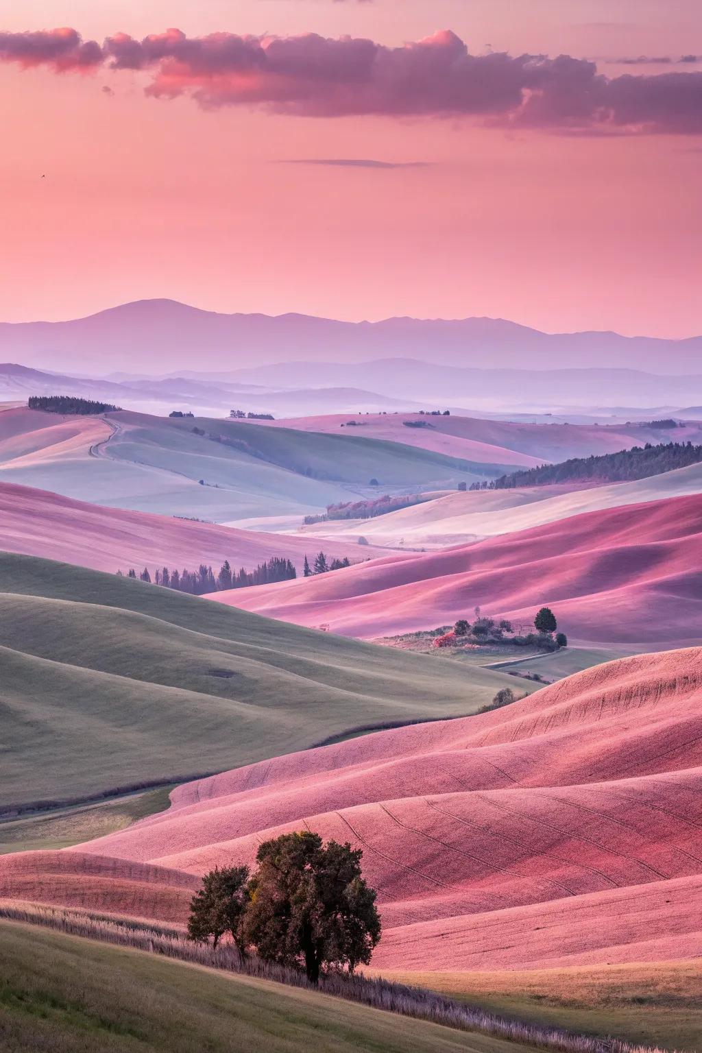Enchanting vista artpiece featuring hills tinted in rosy shades.