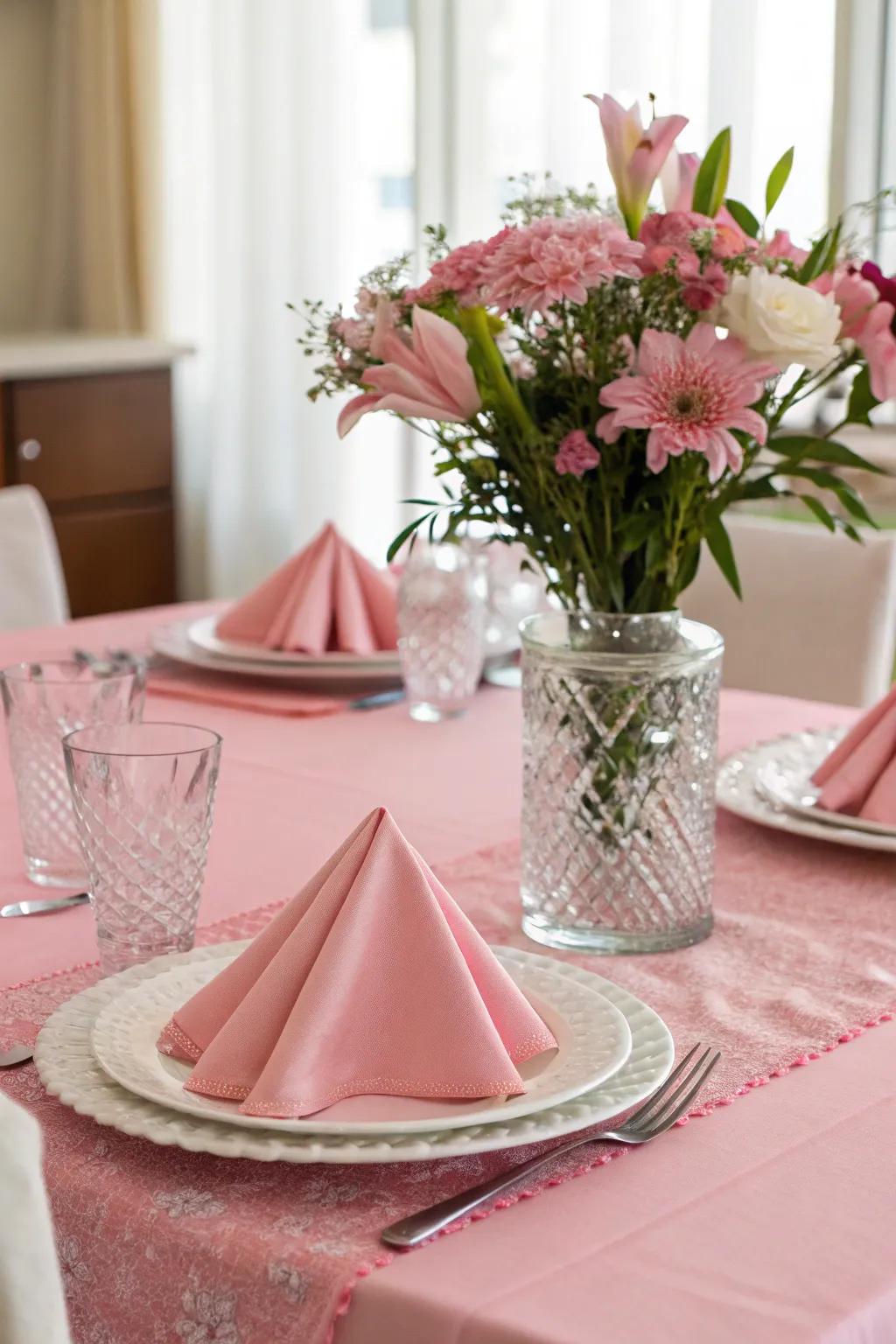 Rosy table settings paired with floral centerpieces craft an elegant dining ambiance.