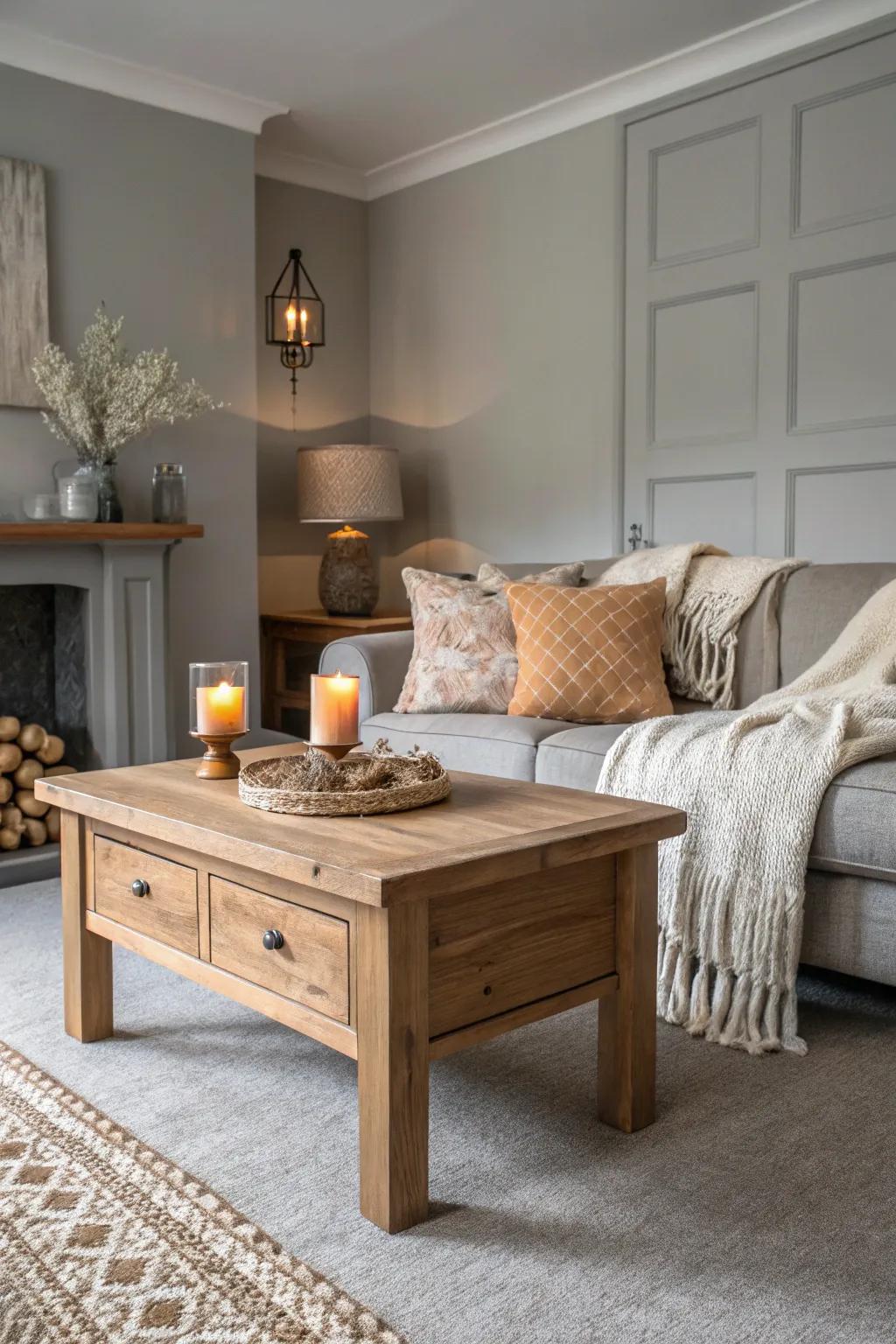Wood elements soften a grey color scheme.