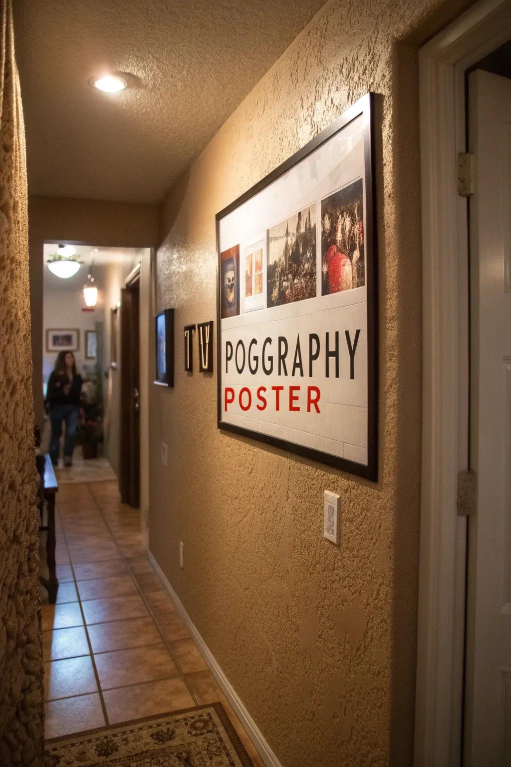 A lettering print with striking fonts creates an artistic focal point in a welcoming hallway.
