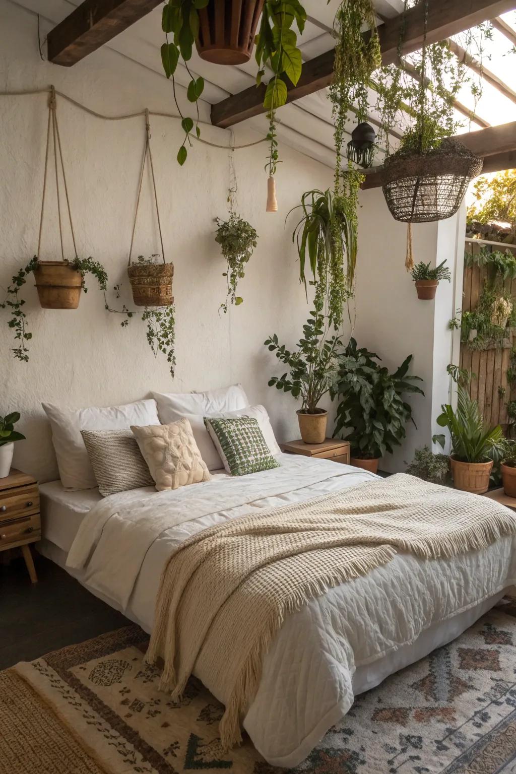 Around your bed, create a tranquil hideaway with plants.