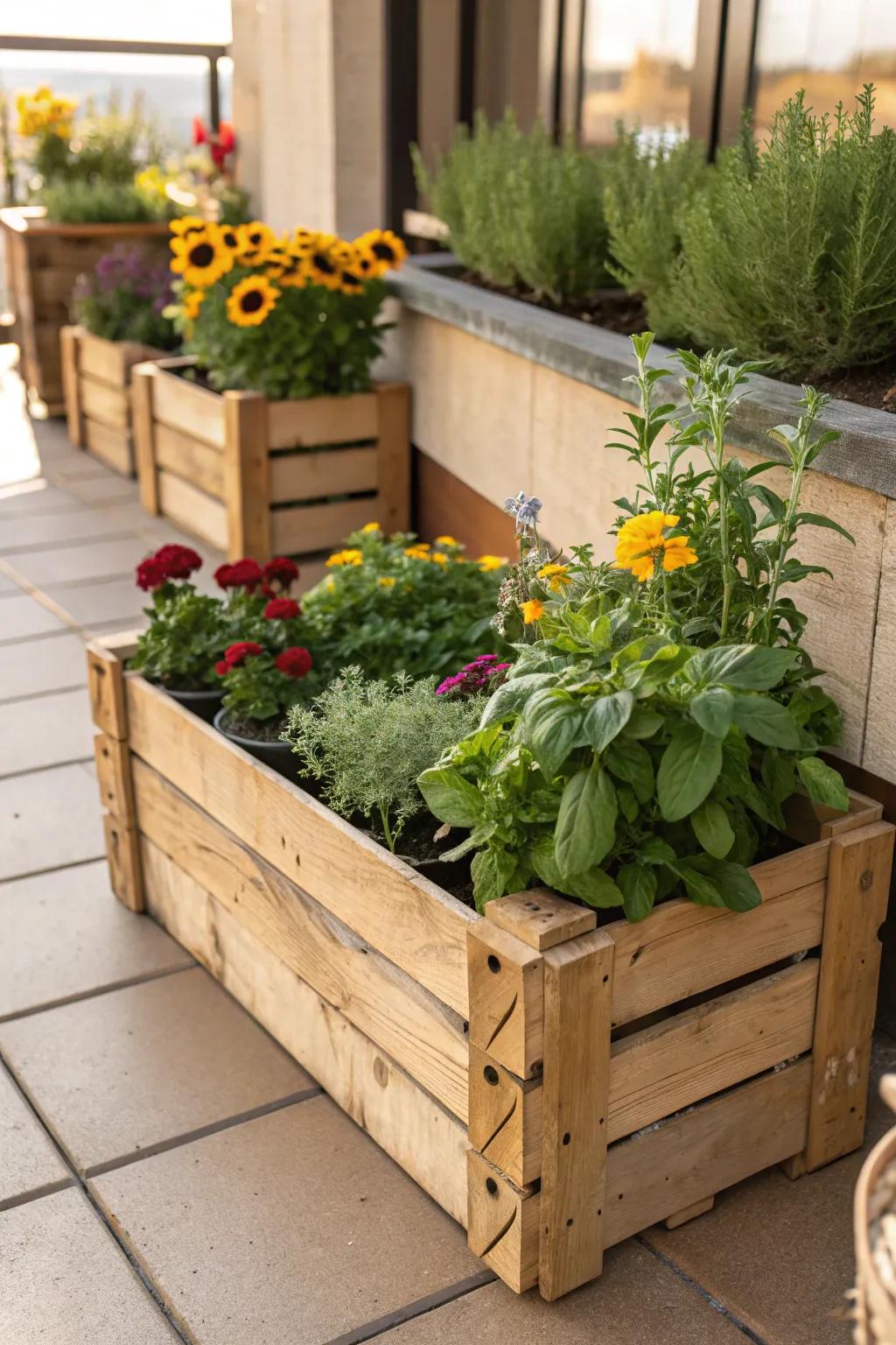Bring in rustic appeal with weathered wood box planters.