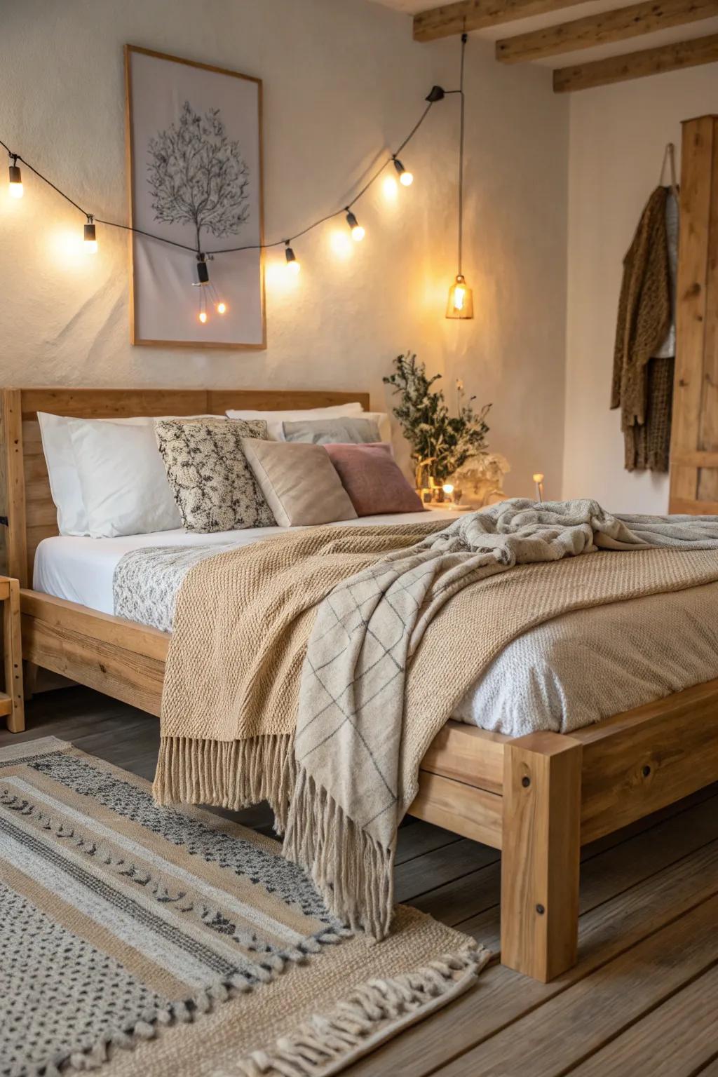 Organic wood shades add warmth to modern bedrooms.