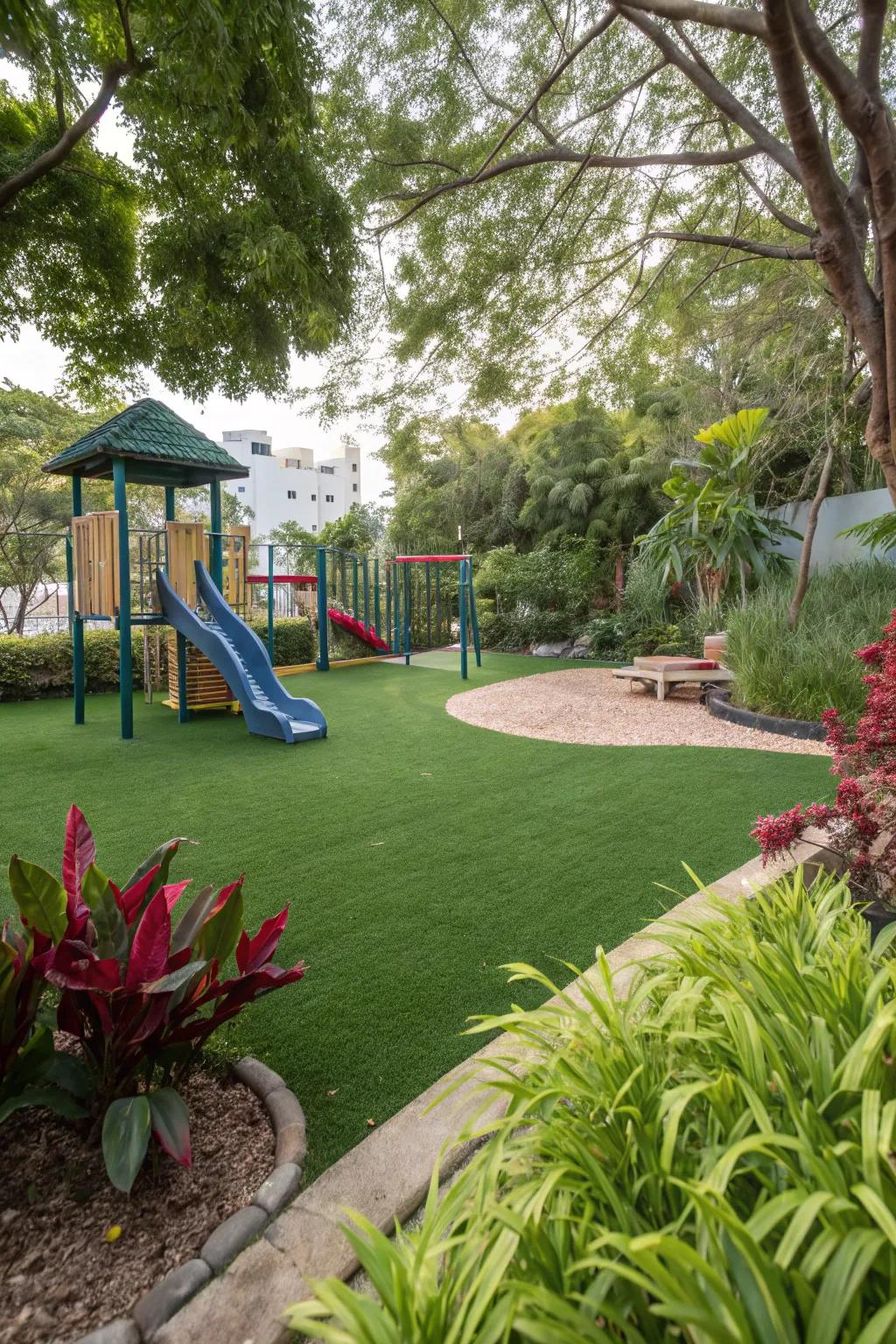 Faux lawns deliver a verdant, low-maintenance playground surface.