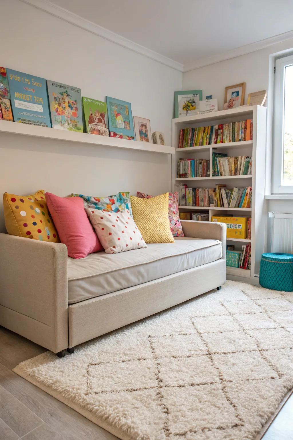 A dynamic playroom with a convertible sofa bed ready for a nap.