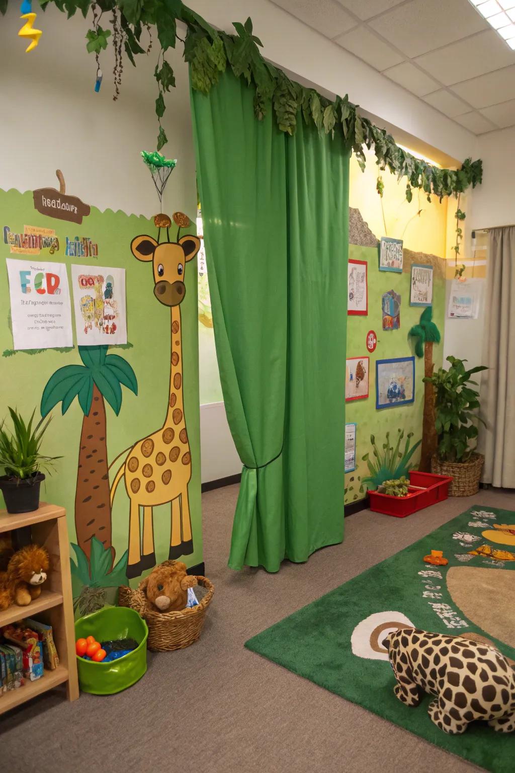 Theme-matched curtains bring the jungle look together.
