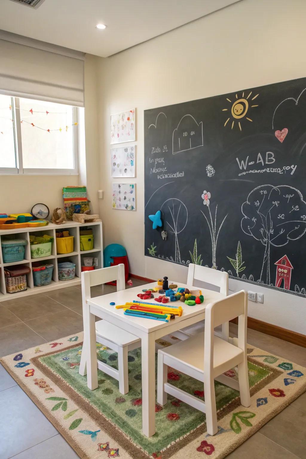 A writable board wall brings an interactive and creative element to any playroom.