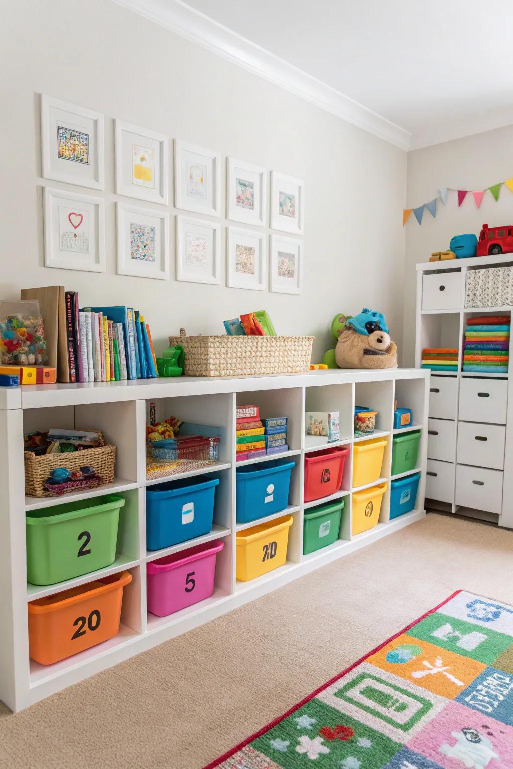 The playroom features cubbies and colorful bins, making organizing toys a snap.