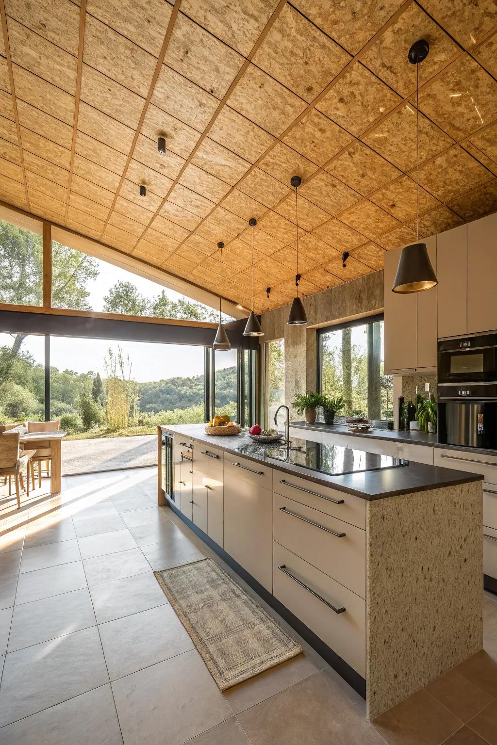 An open kitchen where the plywood ceiling amplifies the space's charm and consistency.