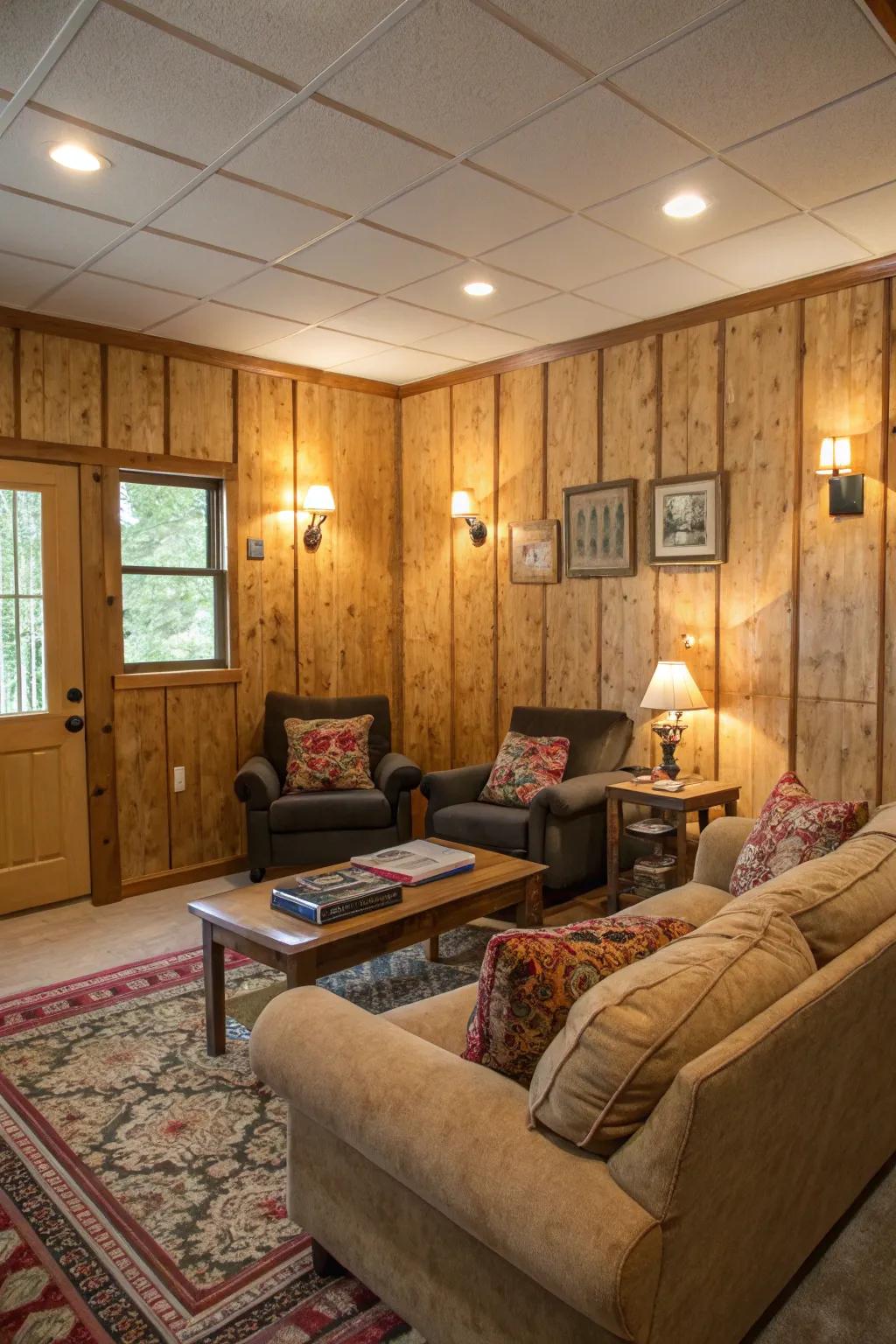 Wood paneling provides a cozy accent to any living space.