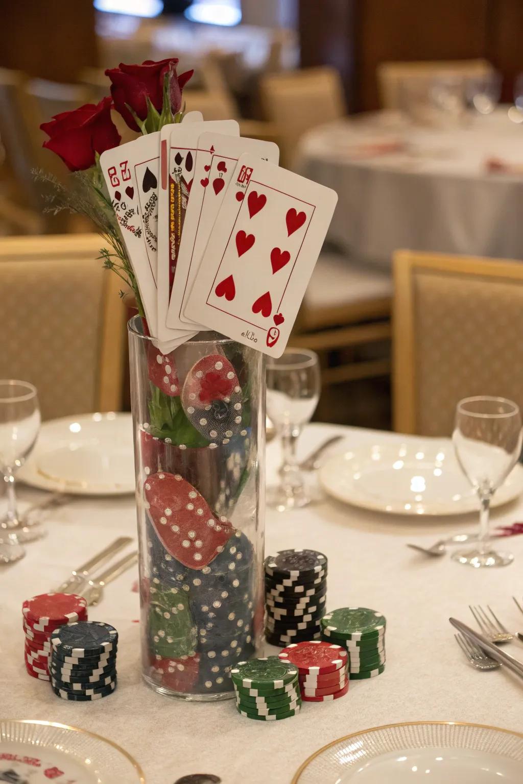 A creative centerpiece that emphasizes the poker theme.