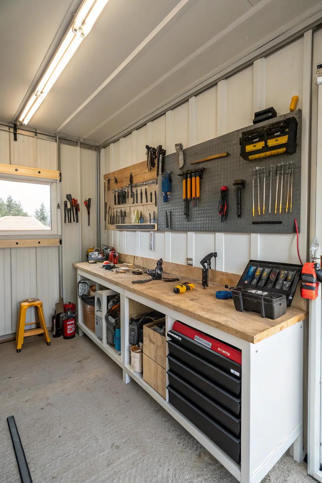 An organized workshop in a pole barn with neatly arranged tools.