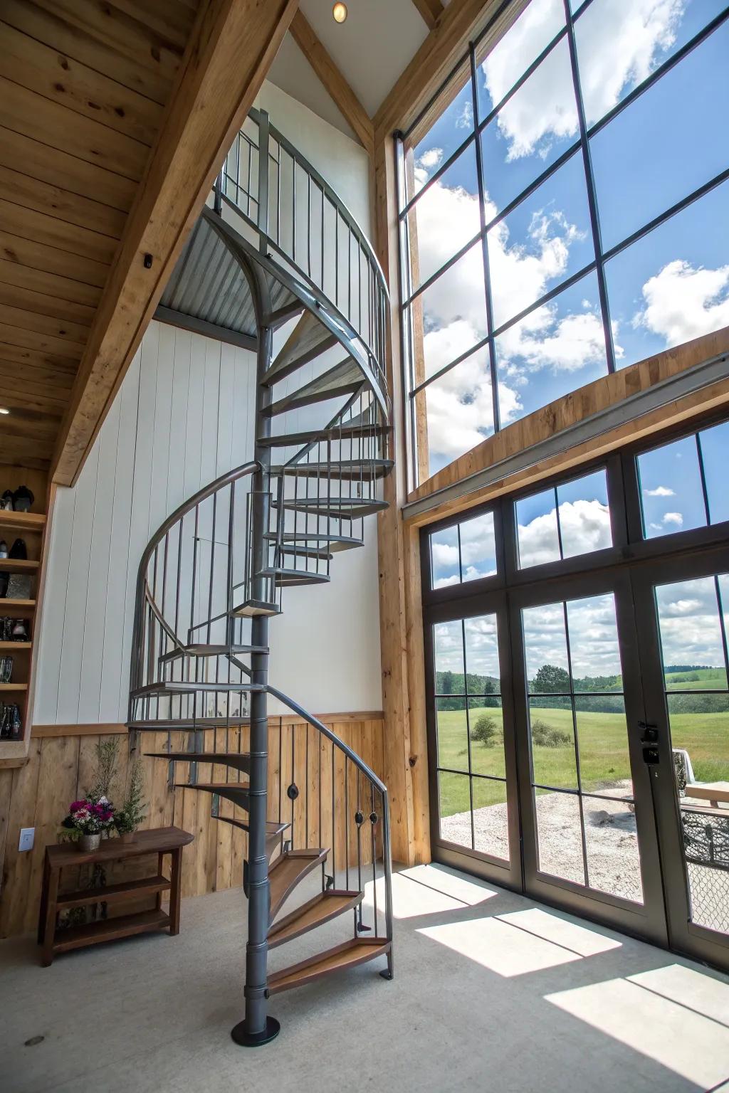 An elegant helical staircase performs both a utilitarian and ornamental role.