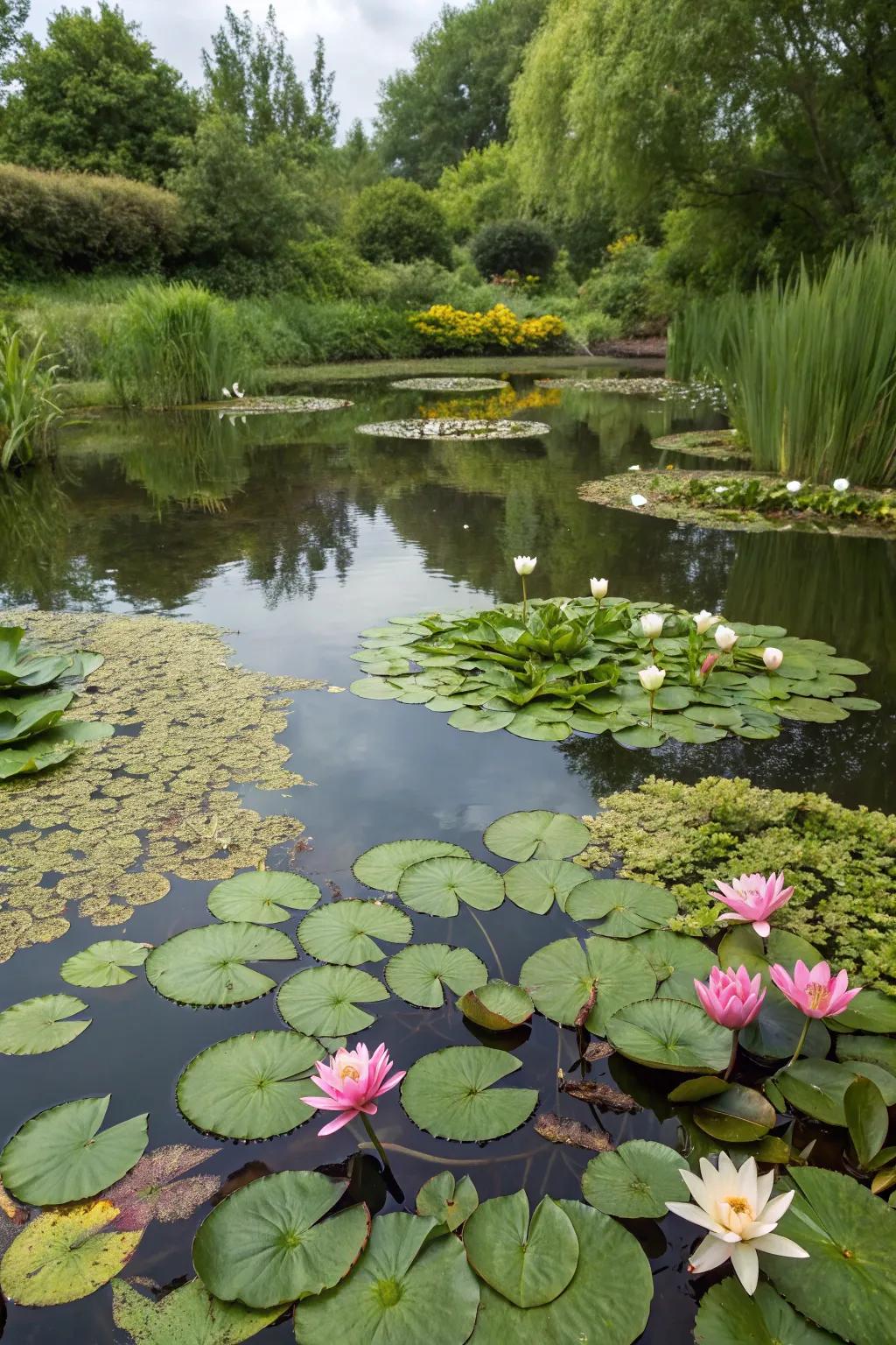 A dynamic pond flourishing with different water-dwelling plants.