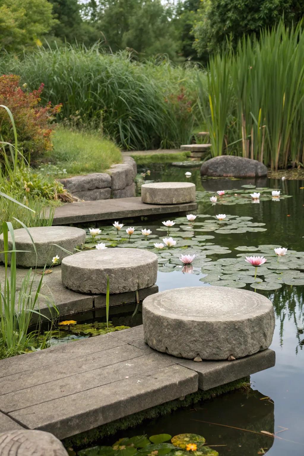 Lithic seating naturally harmonizes with the pond's environs.