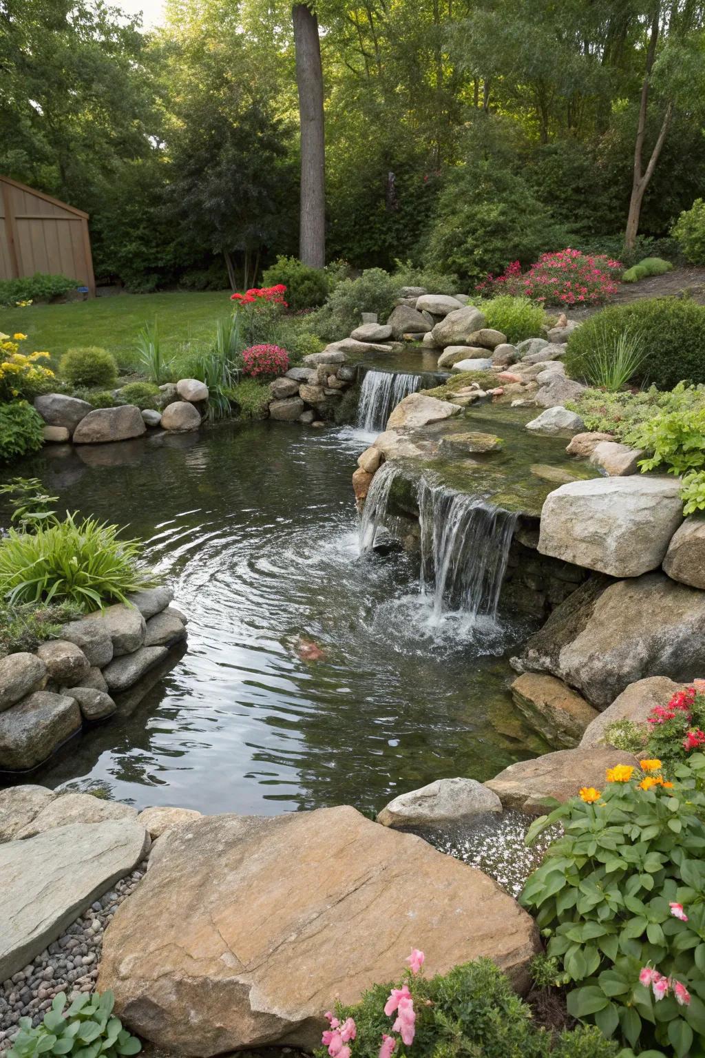 A cascading water element imparts both dynamism and melody to your pond stream.