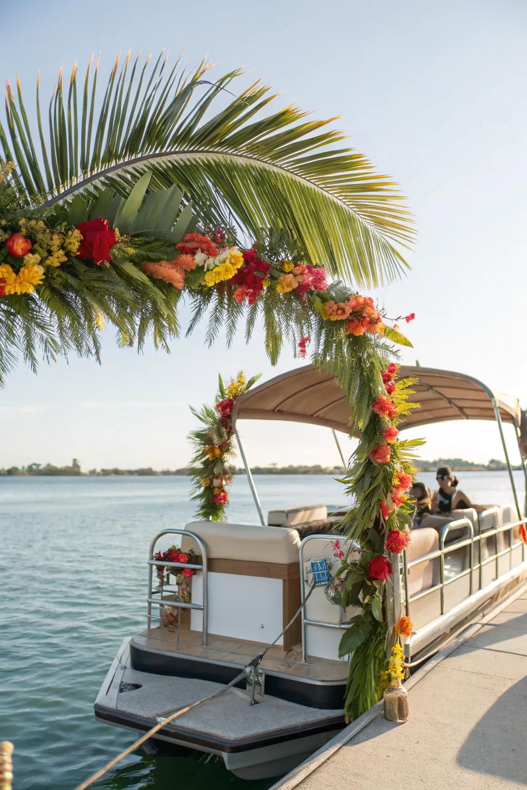 A pontoon boat designed with a tropical theme, showcasing vibrant foliage and brilliant blooms.