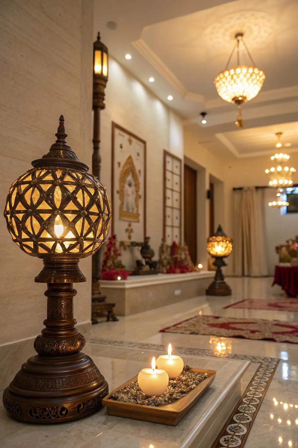 Soft lighting creates a serene and inviting environment in this pooja room.