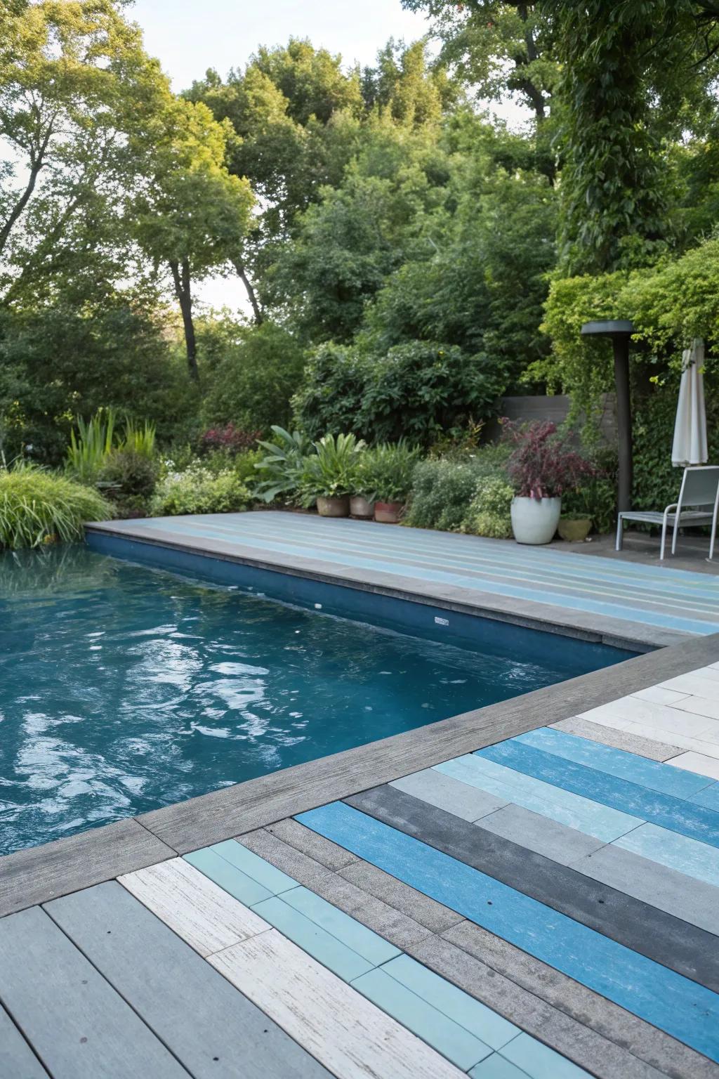 Soothing blues and gentle grays – perfect for a peaceful poolside escape.