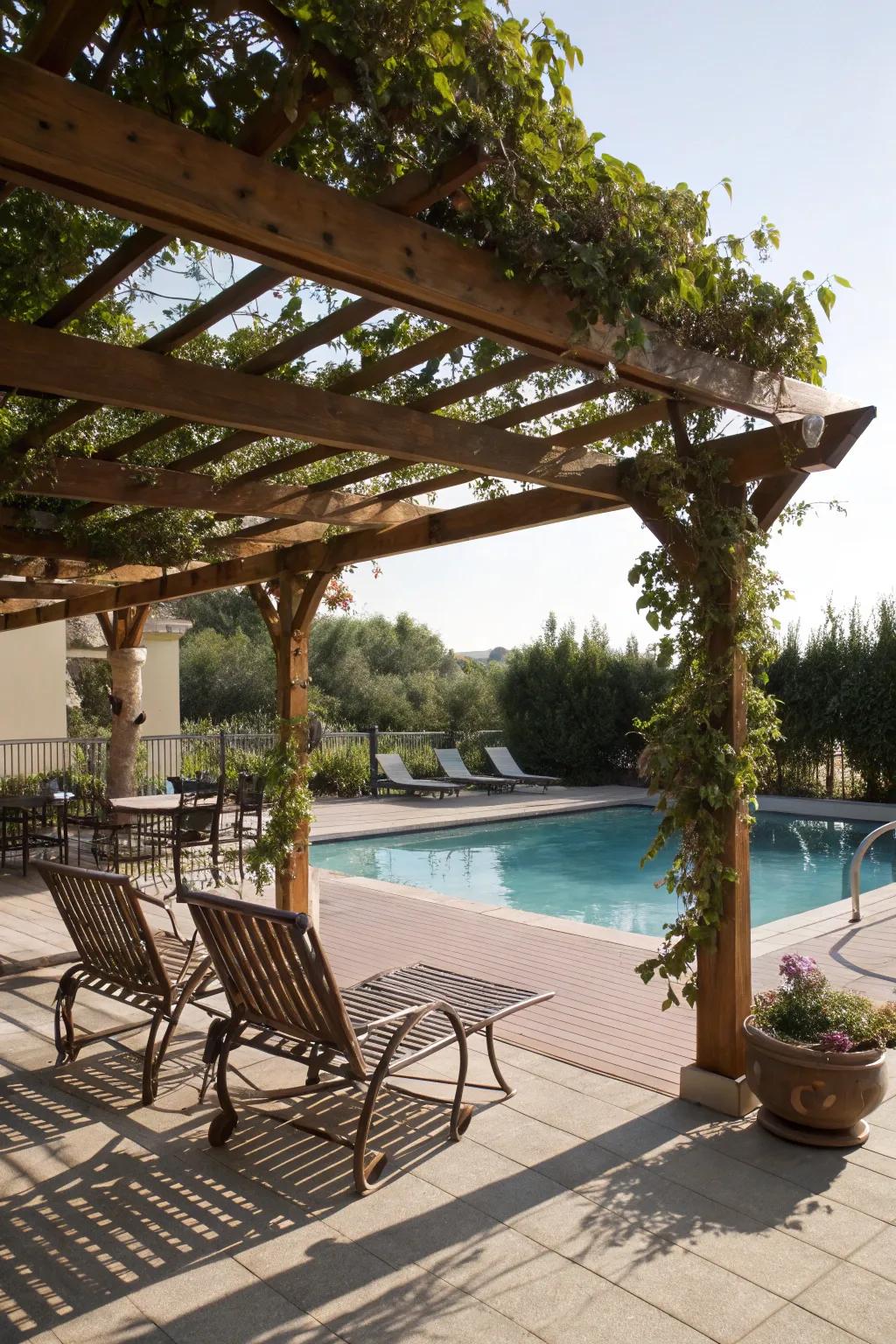 A stylish pergola offers shade and enhances the aesthetic of your pool deck.
