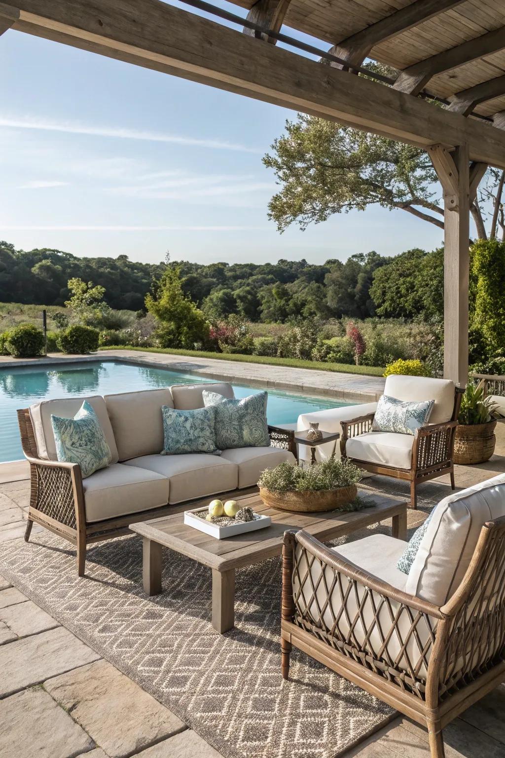 An outdoor living room setup makes your poolside a welcoming space for gatherings.