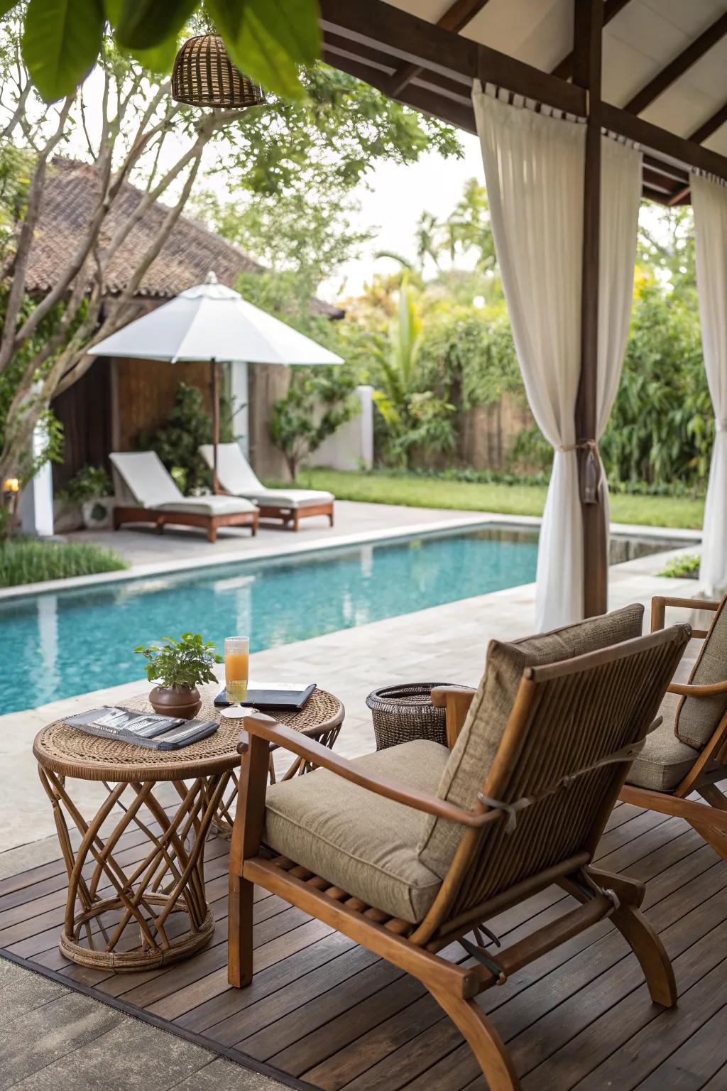 Relax luxuriously in an inviting outdoor seating space near the pool.