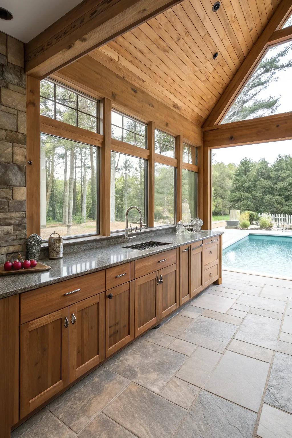 Natural materials bring warmth to a pool house kitchen.