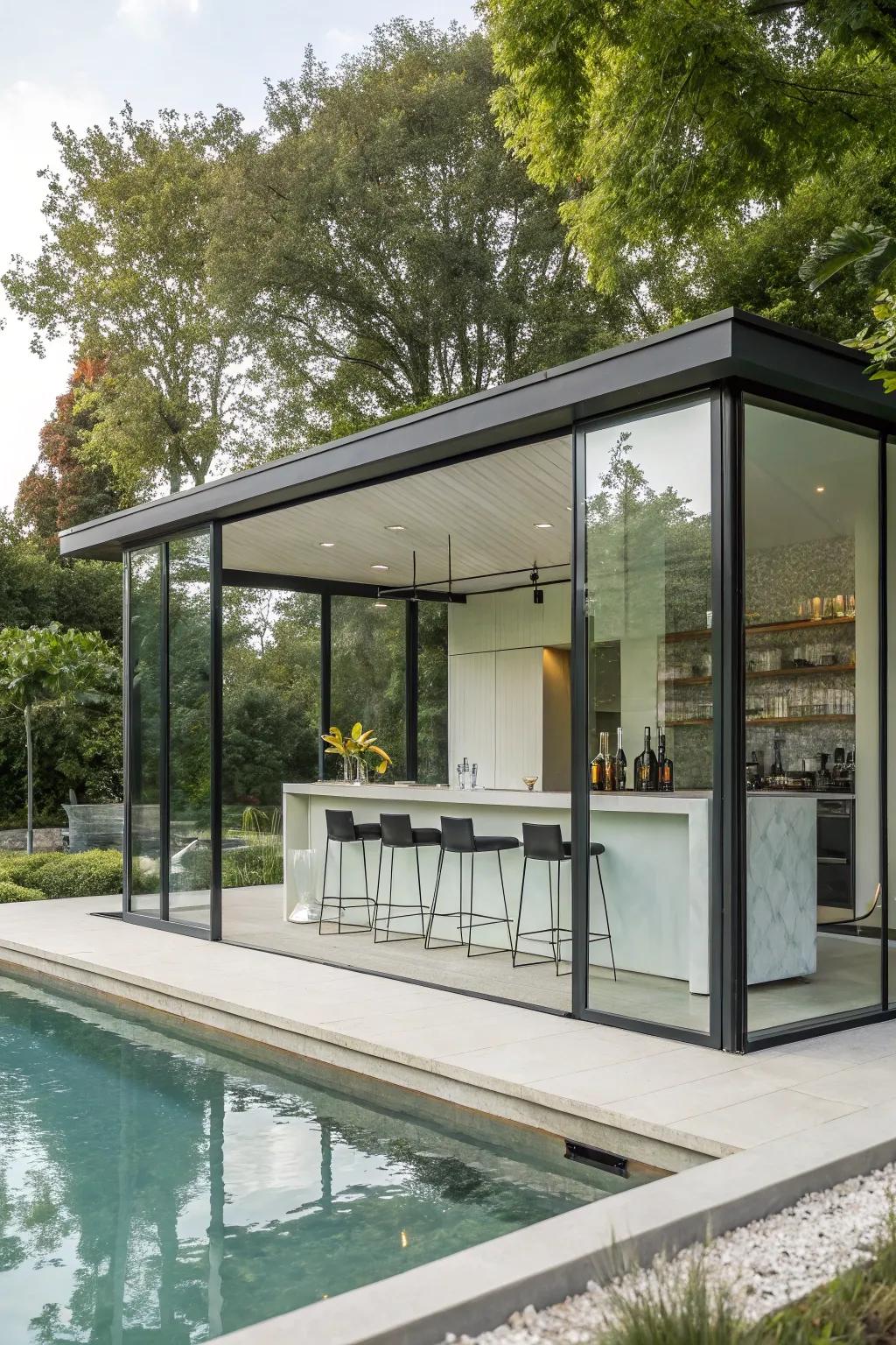 A modern <strong><em>glass pavilion</em></strong> pool house is a striking addition to any backyard.” loading=”lazy” class=”pimg”>
	</picture><figcaption>A modern <strong><em>glass pavilion</em></strong> pool house is a striking addition to any backyard.</figcaption></figure>
<p>Picture a <strong><em>glass pavilion</em></strong> pool house featuring a stylish bar—its sleek design and see-through walls make it a visual masterpiece. A friend of mine has one, and the way it shines at night is truly magical.</p>
<h3>You might like:</h3>
<ul class=
