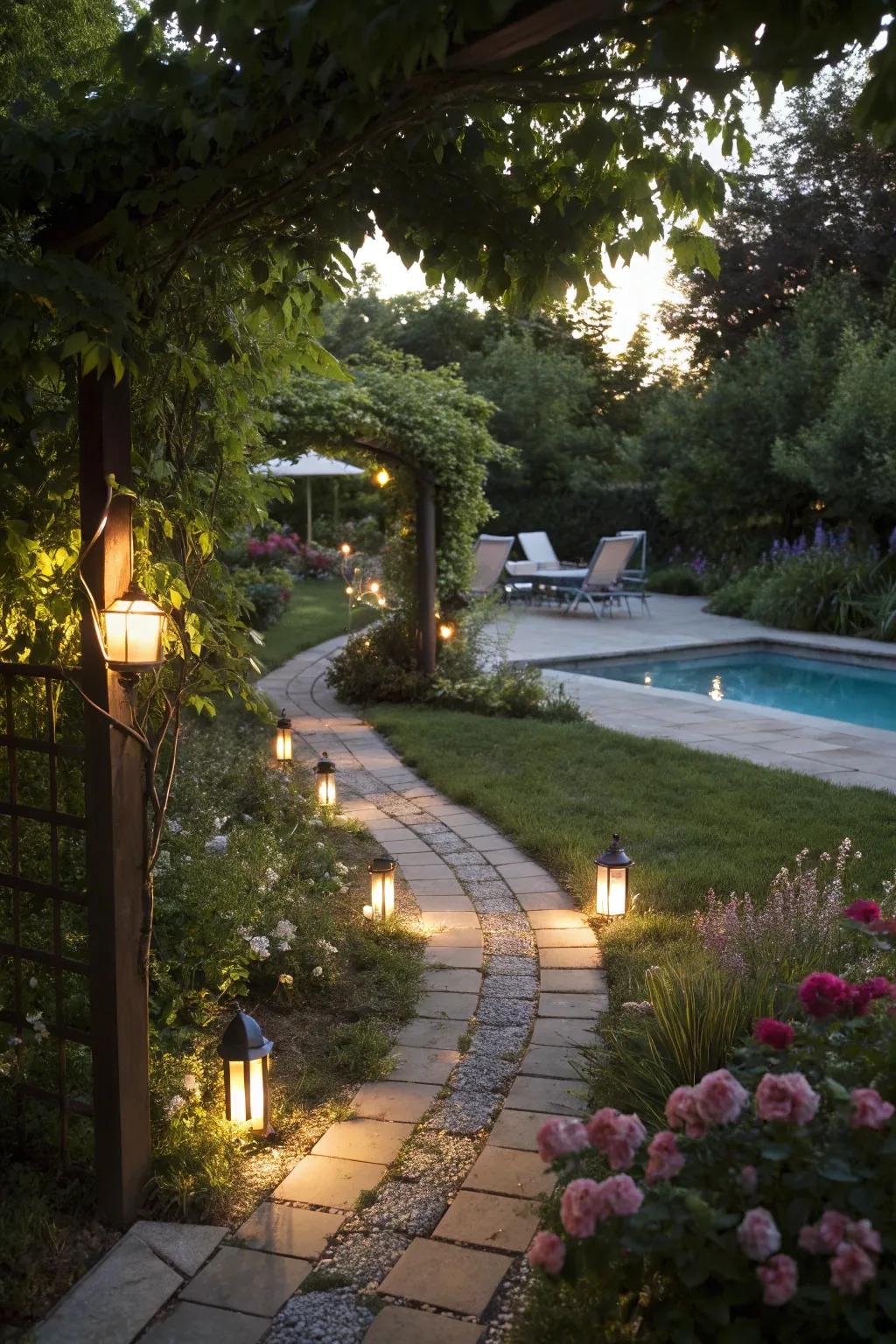 Path lights carefully lead you to your tranquil pool area.