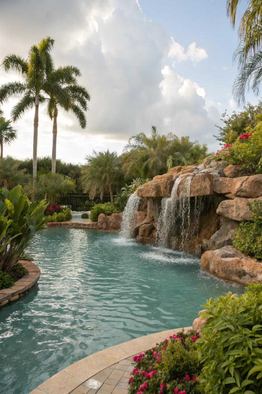 Elevate your pool ambiance with the calming sounds of a cascading fountain.