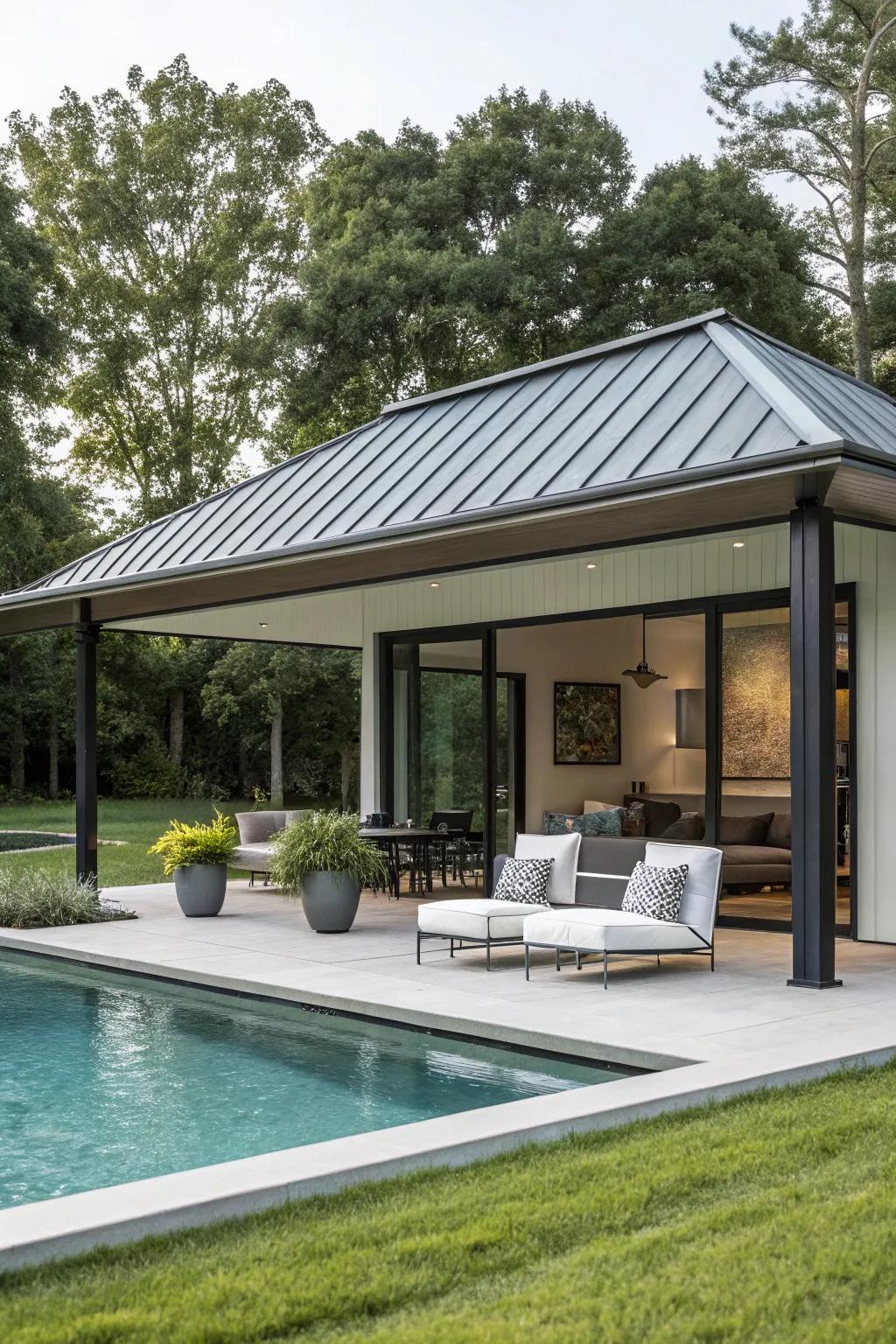 Modern pavilions featuring sleek roofing introduce a contemporary element to any poolside setting.