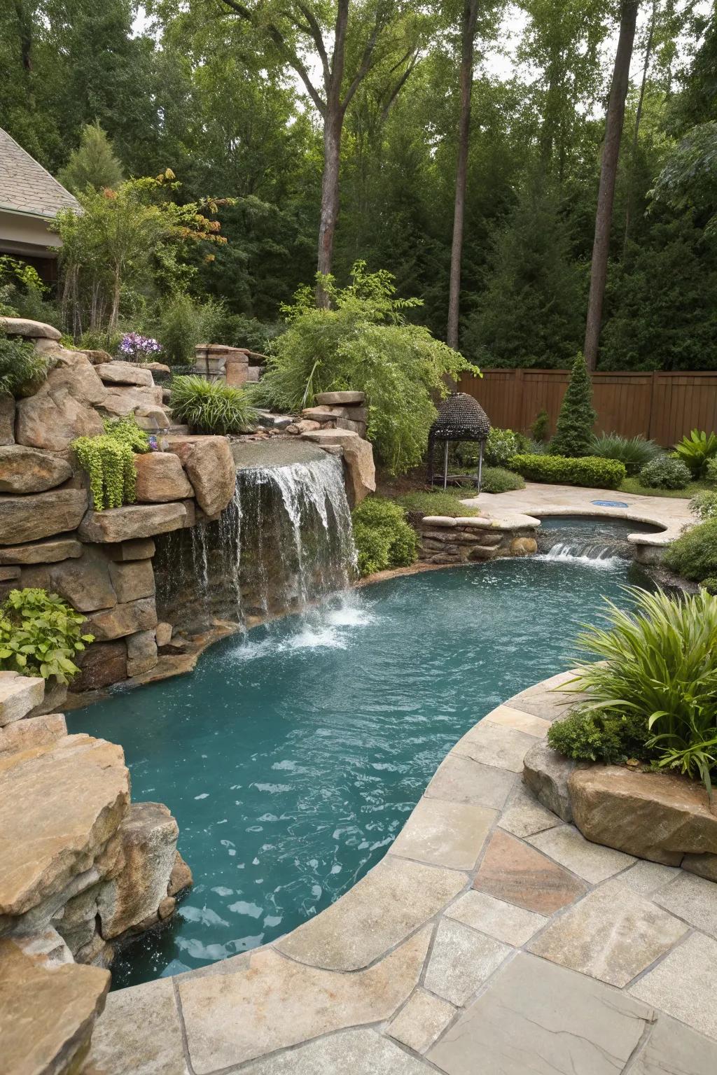 Allow the calming noises of a cascade to boost your pool time.